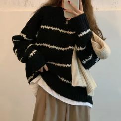 2Pcs Womens Casual Loose Striped Sweater