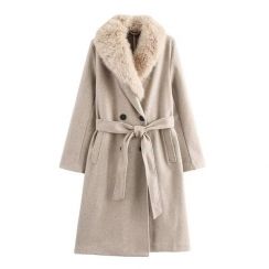 11Pcs Winter Womens Double Breasted Belted Faux Fur Collar Coat