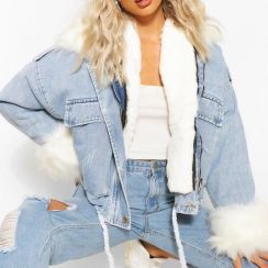 Zippered Faux Raw Hem Oversized Denim Womens Jacket